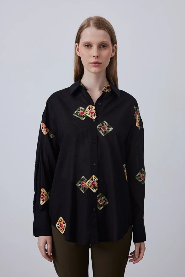 Cotton Shirt with Embroidery - Black - 2