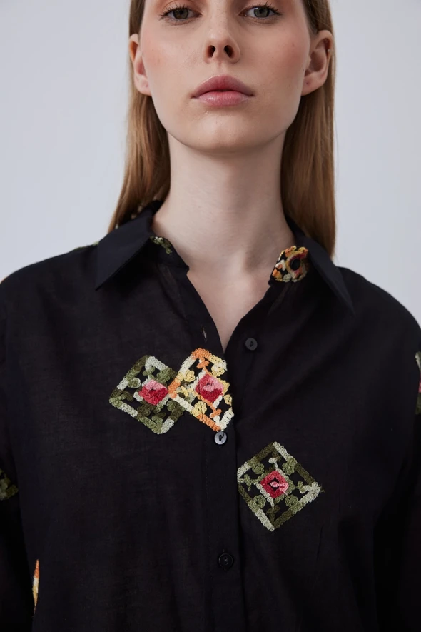 Cotton Shirt with Embroidery - Black - 3