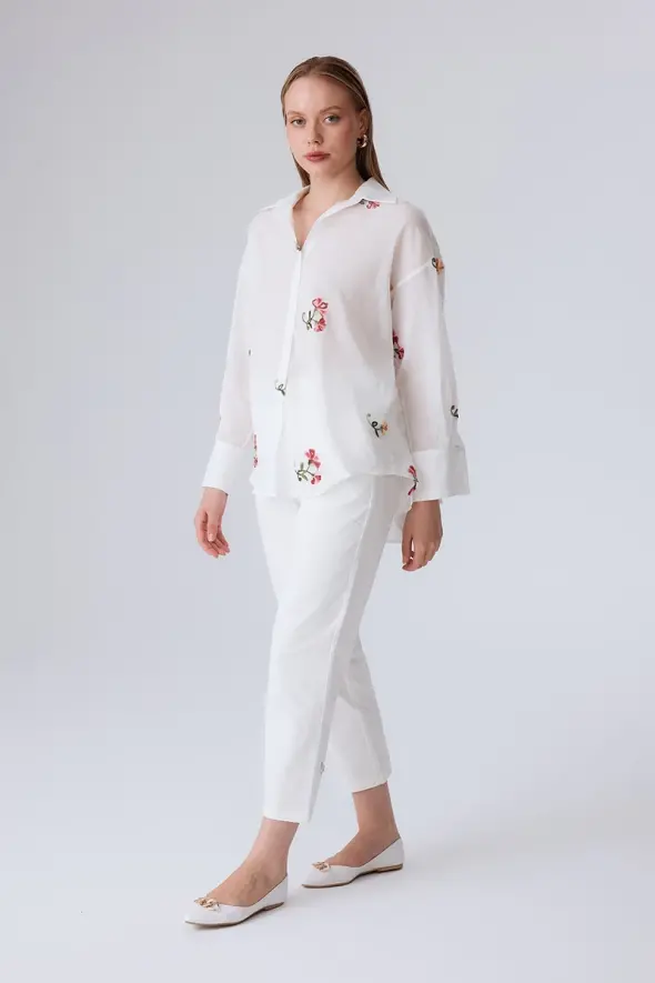 Cotton Shirt with Flower Embroidery - White - 4