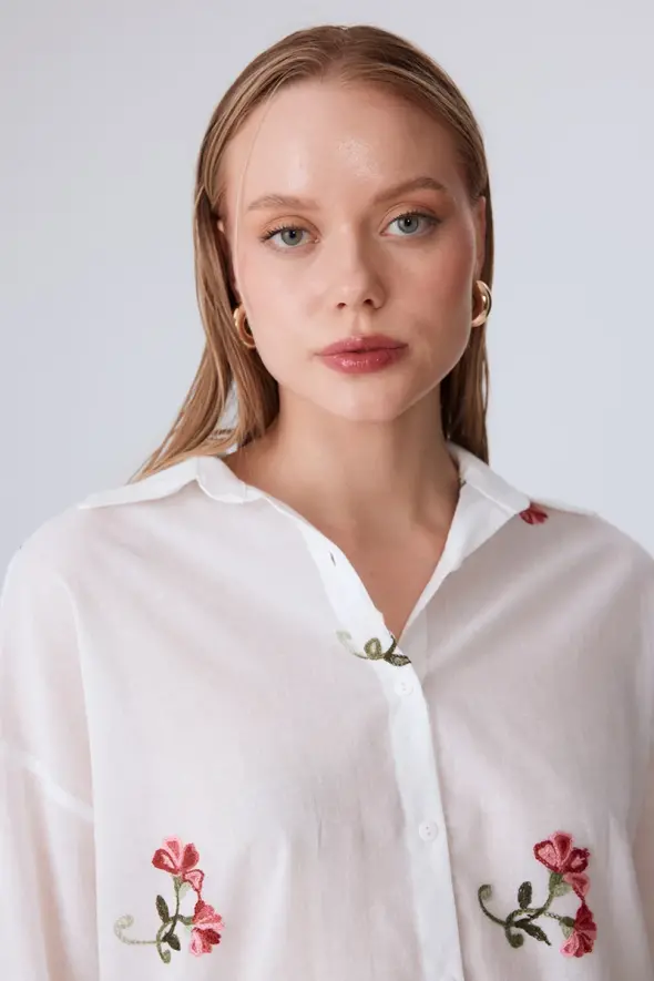 Cotton Shirt with Flower Embroidery - White - 5