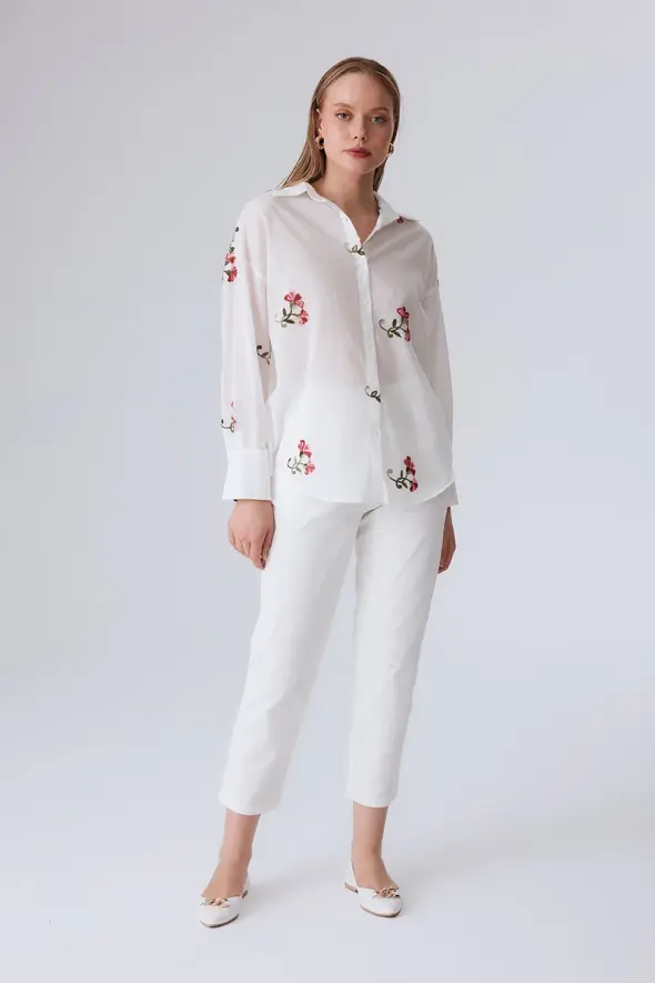 Cotton Shirt with Flower Embroidery - White - 3