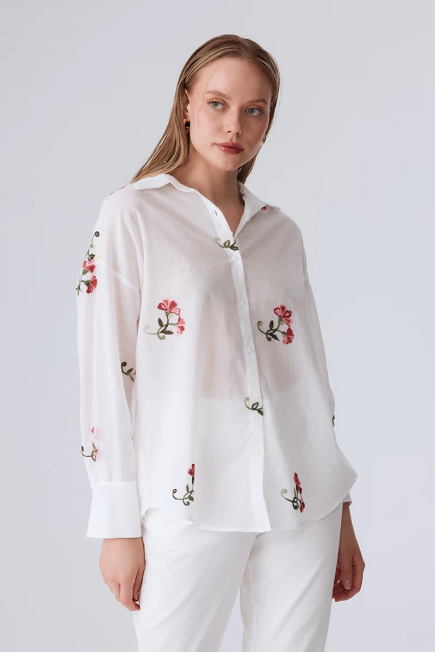 Cotton Shirt with Flower Embroidery - White White