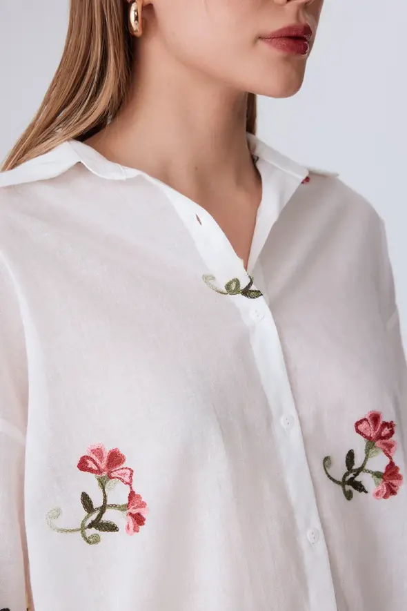 Cotton Shirt with Flower Embroidery - White - 6