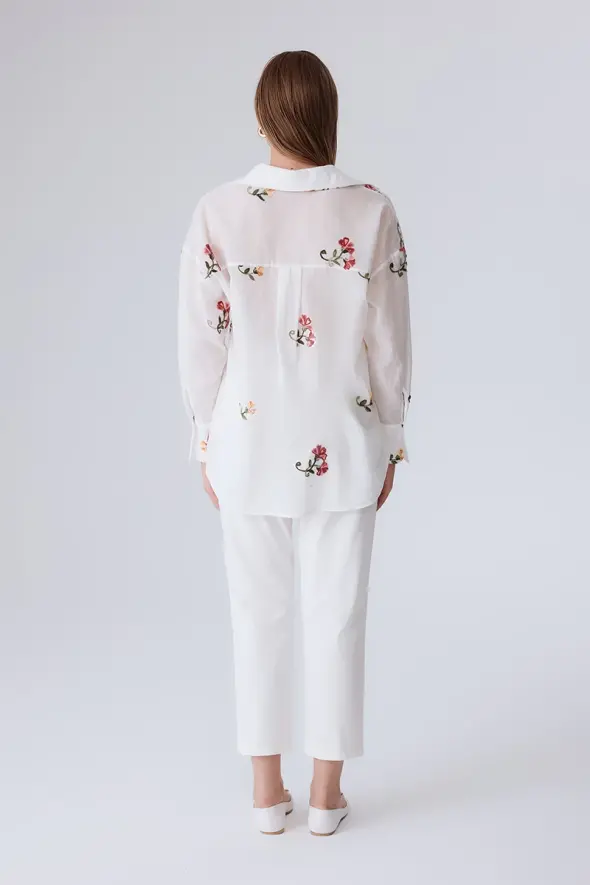 Cotton Shirt with Flower Embroidery - White - 7