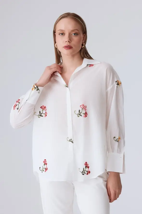 Cotton Shirt with Flower Embroidery - White - 2