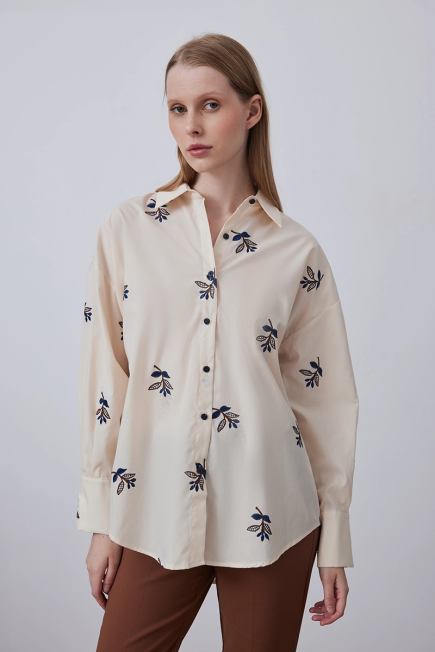 Cotton Shirt with Leaf Embroidery - Beige Beige