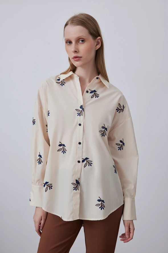 Cotton Shirt with Leaf Embroidery - Beige - 1