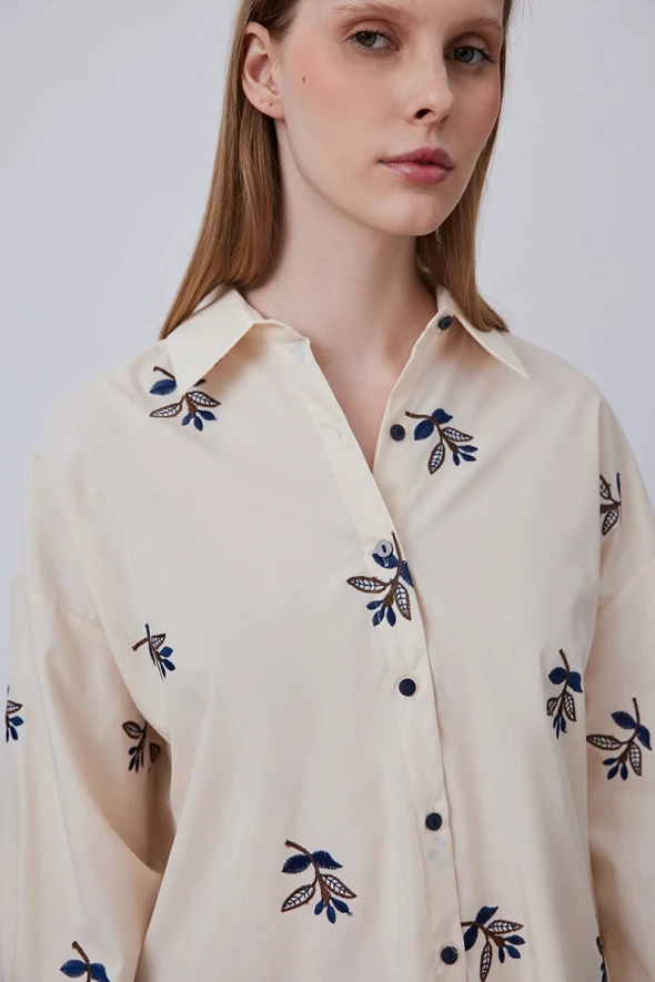 Cotton Shirt with Leaf Embroidery - Beige - 3