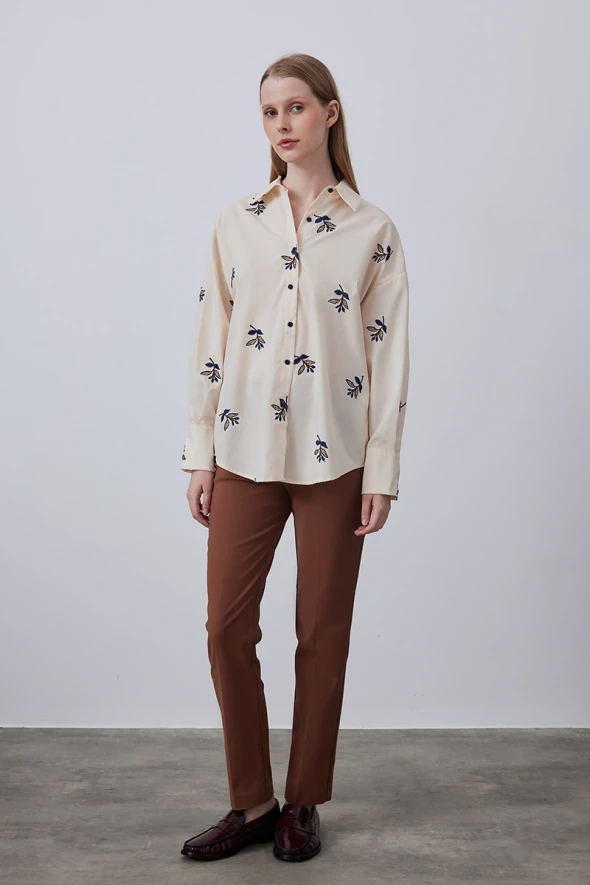 Cotton Shirt with Leaf Embroidery - Beige - 2