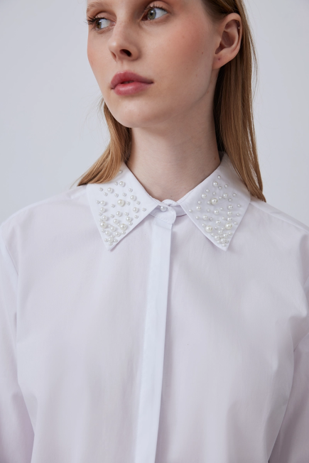 Cotton Shirt with Pearls Collar - White White