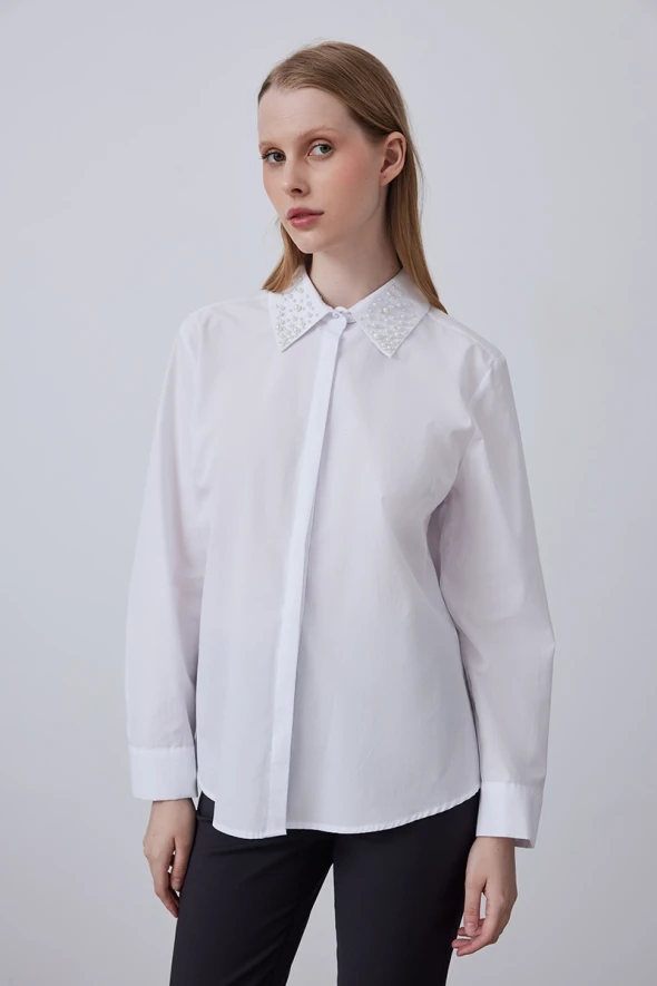 Cotton Shirt with Pearls Collar - White - 2