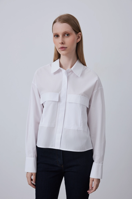 Cotton Short Shirt with Pockets - White White