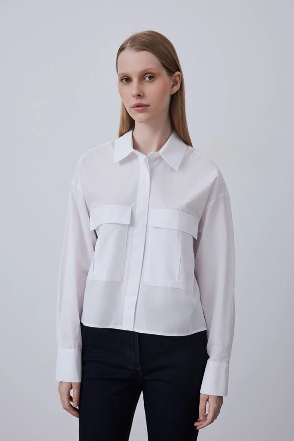 Cotton Short Shirt with Pockets - White - 1