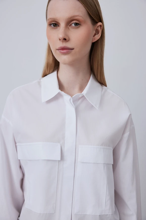 Cotton Short Shirt with Pockets - White - 3