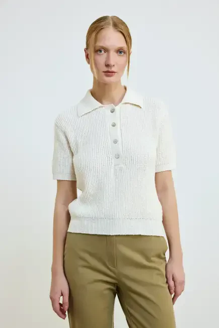 Cotton Short Sleeve Knit Blouse - Ecru Ecru