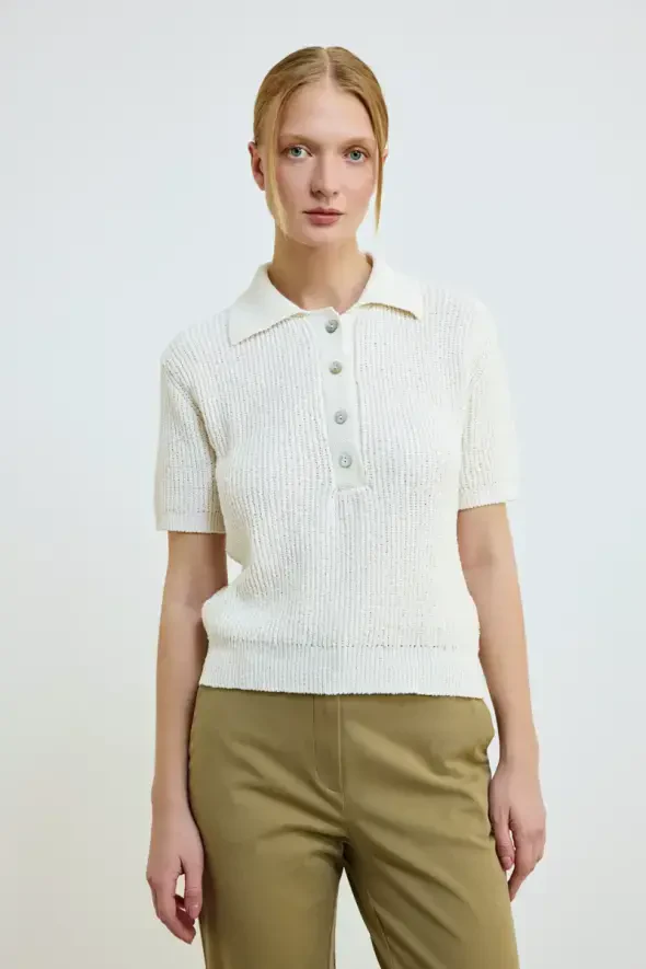 Cotton Short Sleeve Knit Blouse - Ecru - 1