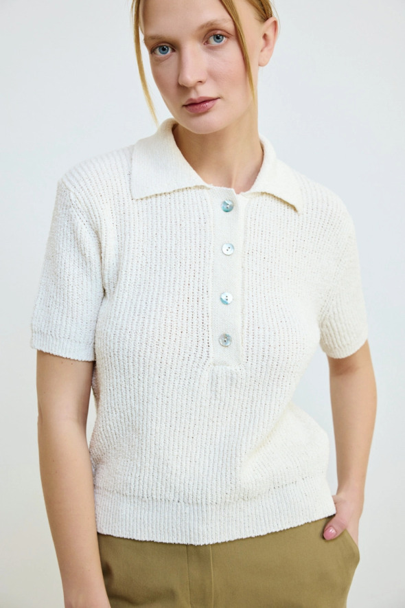Cotton Short Sleeve Knit Blouse - Ecru - 2