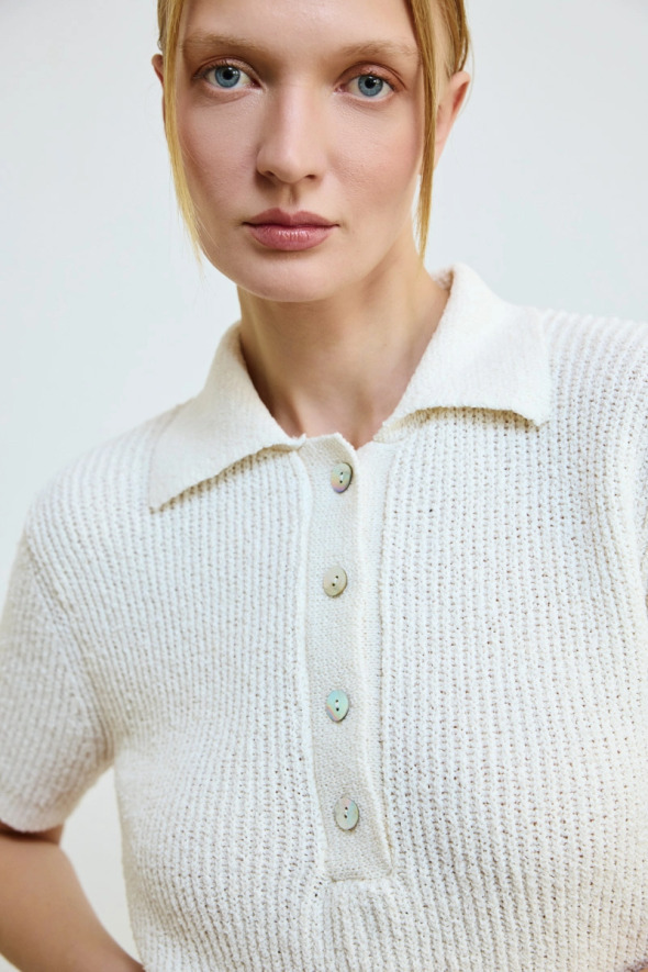 Cotton Short Sleeve Knit Blouse - Ecru - 3