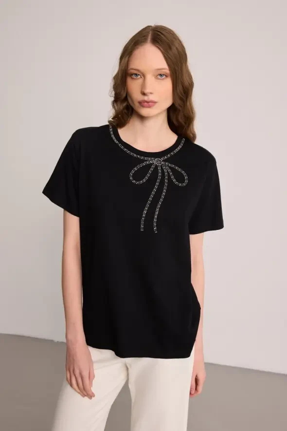 Cotton T-Shirt with Bow and Stone Embellishment - Black - 1