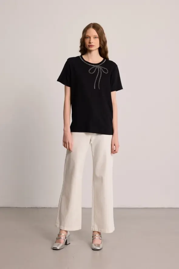 Cotton T-Shirt with Bow and Stone Embellishment - Black - 2