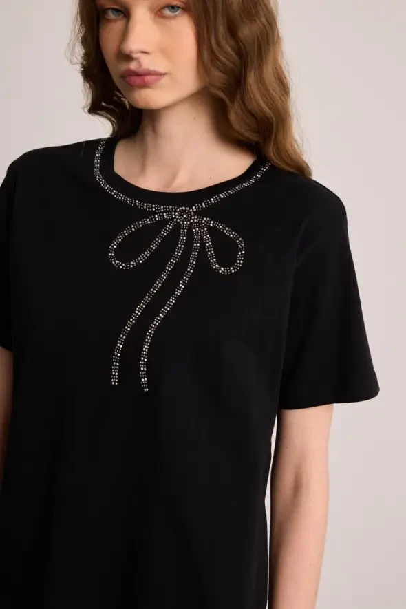 Cotton T-Shirt with Bow and Stone Embellishment - Black - 3