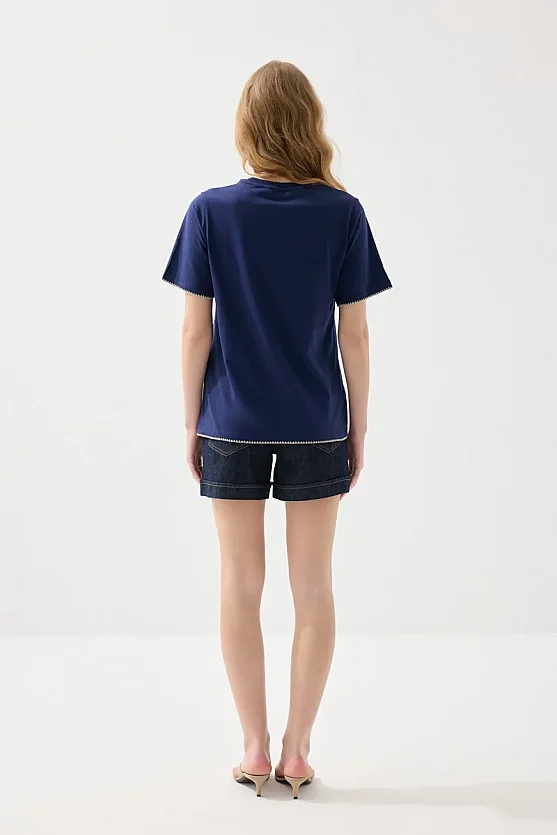 Cotton T-Shirt with Contrast Embroidery Detail - Navy Blue - 5