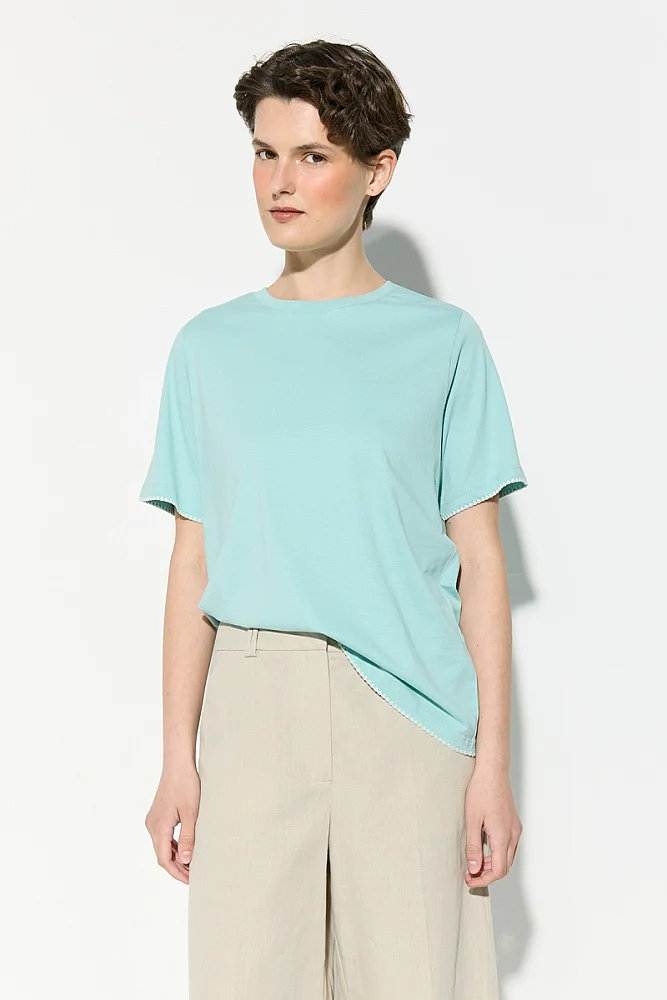 Cotton T-Shirt with Contrast Embroidery Detail - Turquoise Turquoise