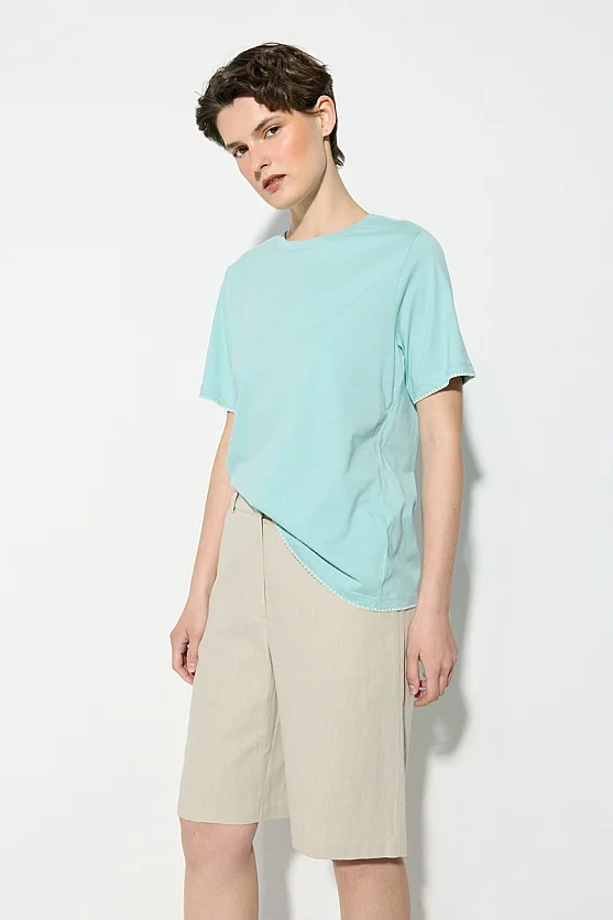 Cotton T-Shirt with Contrast Embroidery Detail - Turquoise - Gusto