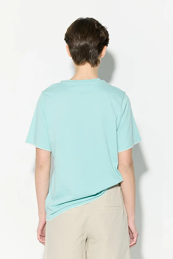 Cotton T-Shirt with Contrast Embroidery Detail - Turquoise - 5