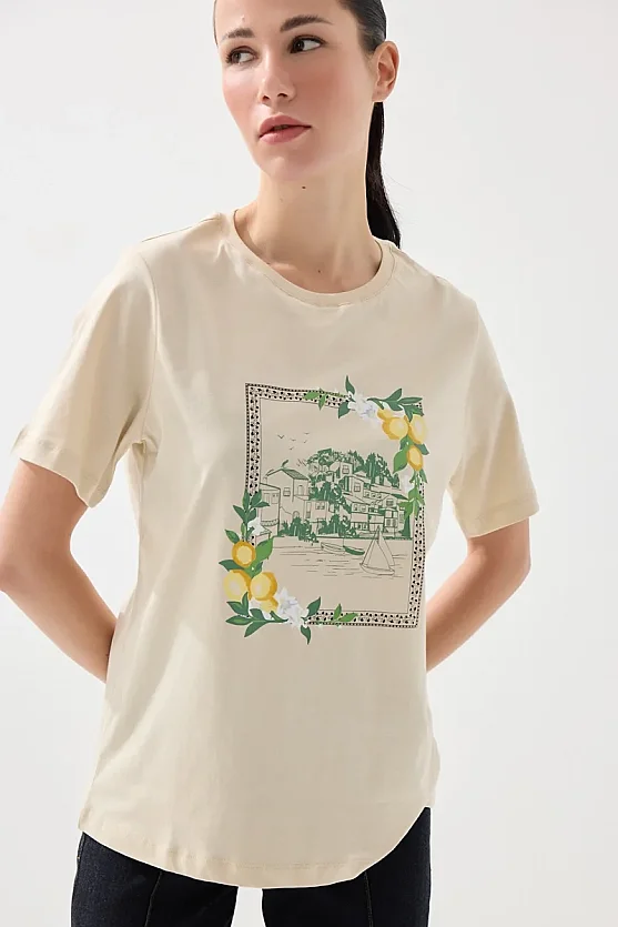 Cotton T-Shirt with Lemon Frame Print - Beige - Gusto