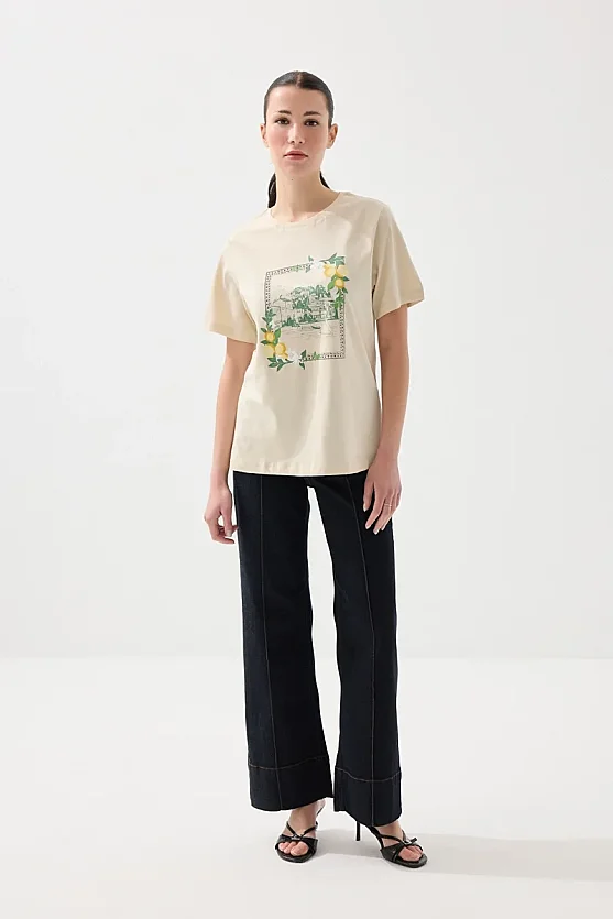 Cotton T-Shirt with Lemon Frame Print - Beige - Gusto