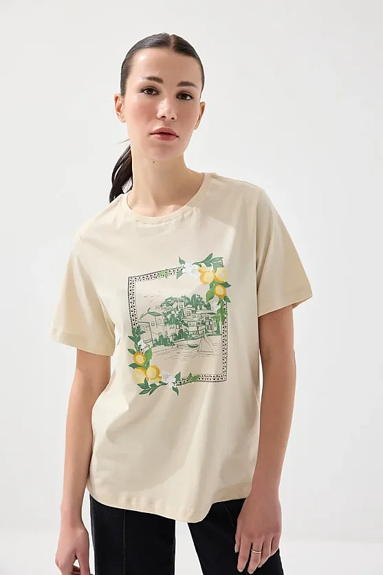 Cotton T-Shirt with Lemon Frame Print - Beige - Gusto