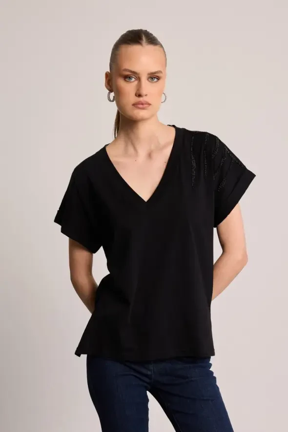 Cotton T-Shirt with Stone Embellishment - Black - 1