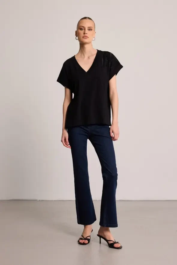 Cotton T-Shirt with Stone Embellishment - Black - 2