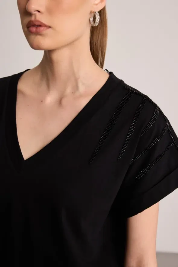 Cotton T-Shirt with Stone Embellishment - Black - 3
