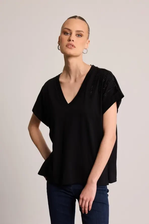 Cotton T-Shirt with Stone Embellishment - Black - 4