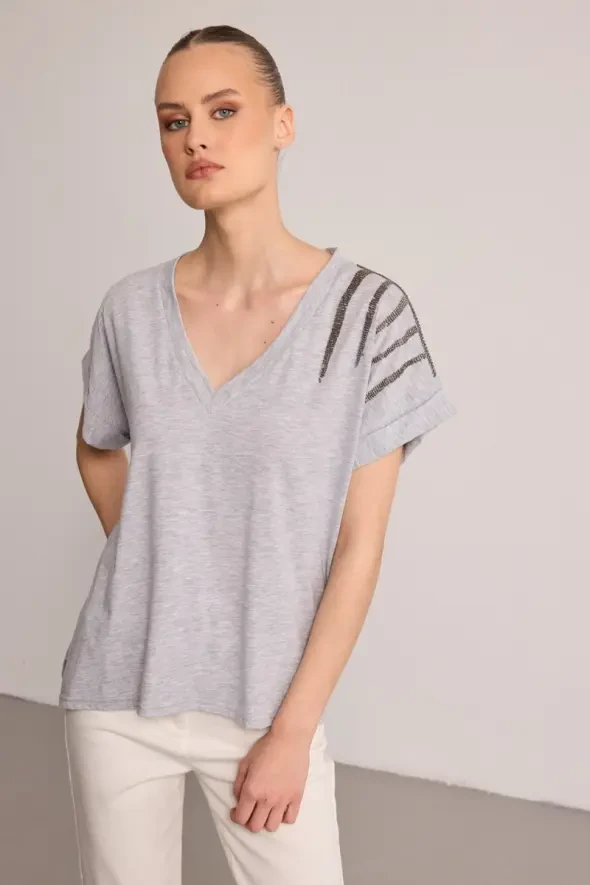Cotton T-Shirt with Stone Embellishment - Grey - 1