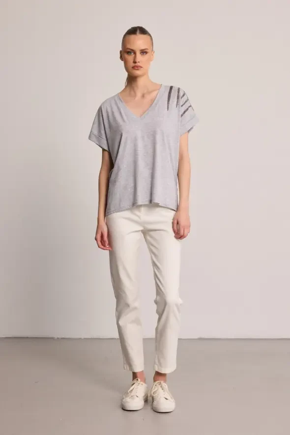 Cotton T-Shirt with Stone Embellishment - Grey - 2