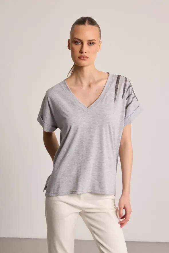 Cotton T-Shirt with Stone Embellishment - Grey - 3