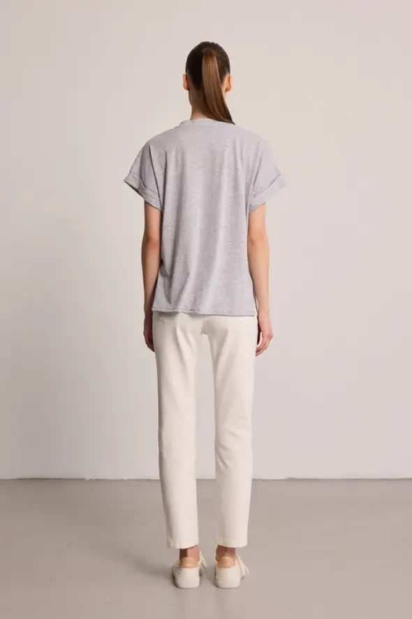 Cotton T-Shirt with Stone Embellishment - Grey - 4