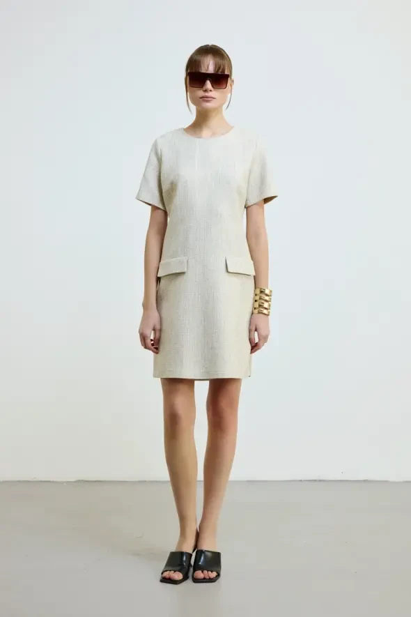 Cotton Tweed Short Sleeve Dress - Ecru - 1