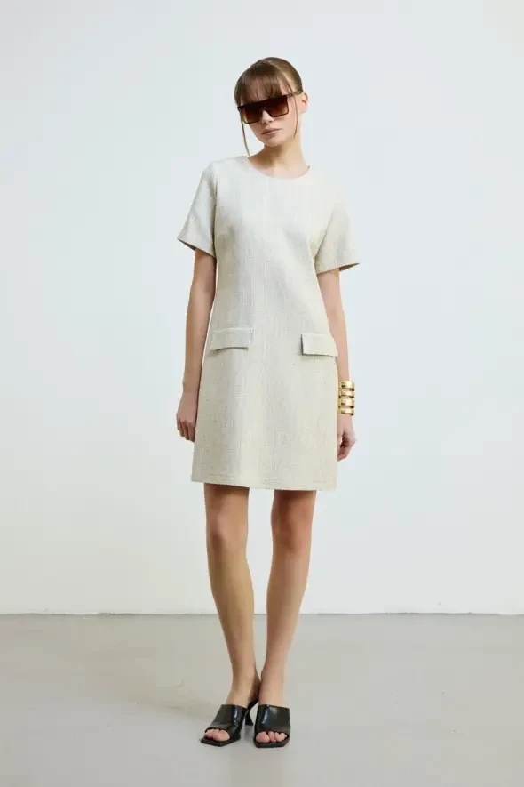 Cotton Tweed Short Sleeve Dress - Ecru - 3