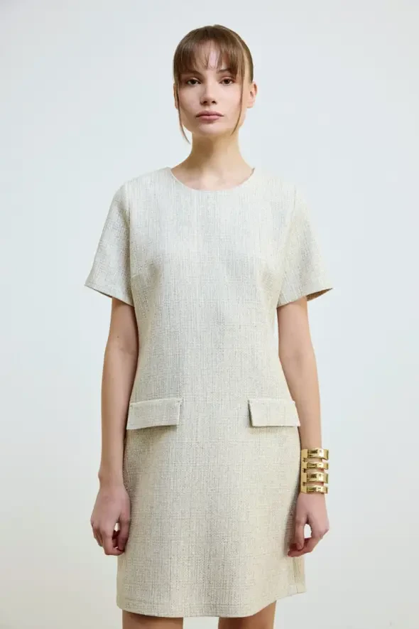 Cotton Tweed Short Sleeve Dress - Ecru - 2