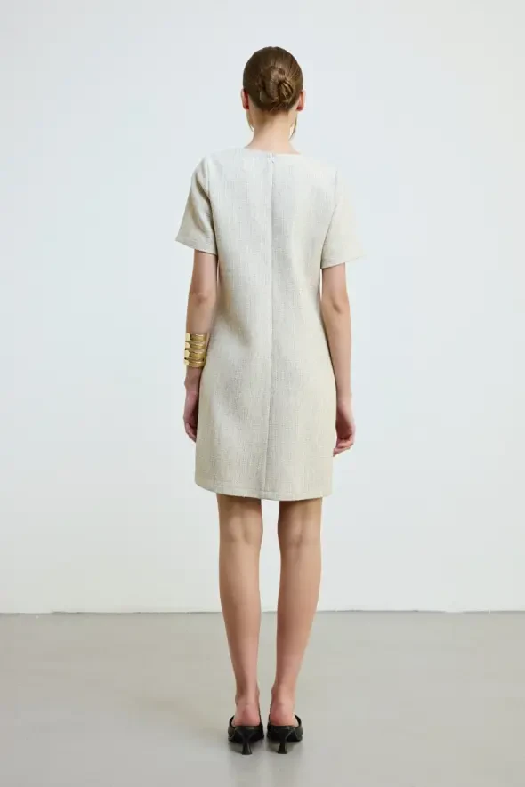 Cotton Tweed Short Sleeve Dress - Ecru - 6