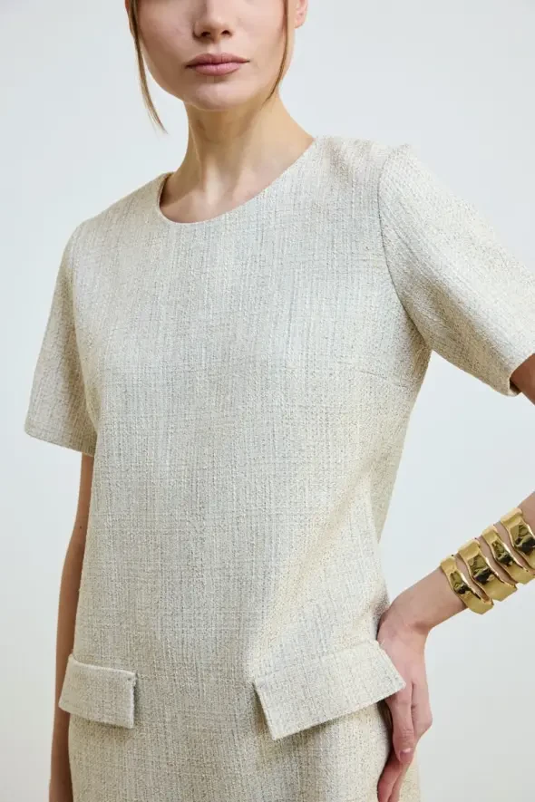 Cotton Tweed Short Sleeve Dress - Ecru - 5
