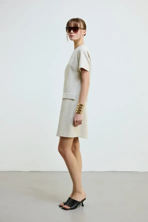 Cotton Tweed Short Sleeve Dress - Ecru - 4
