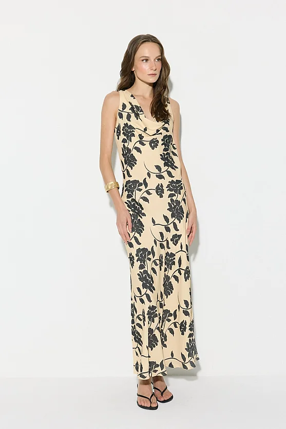 Cowl Neck Patterned Maxi Evening Dress - Beige - Gusto
