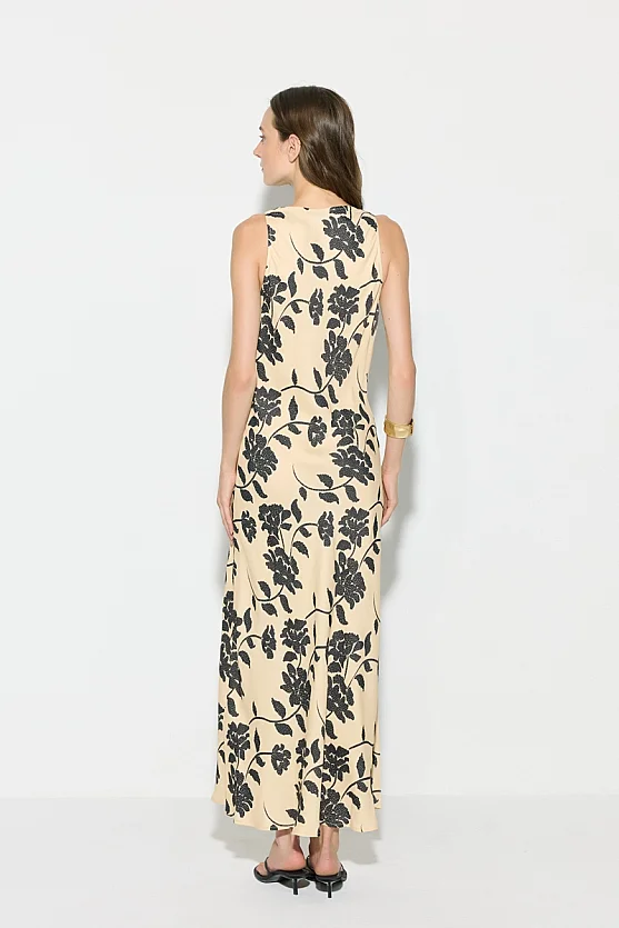 Cowl Neck Patterned Maxi Evening Dress - Beige - 8