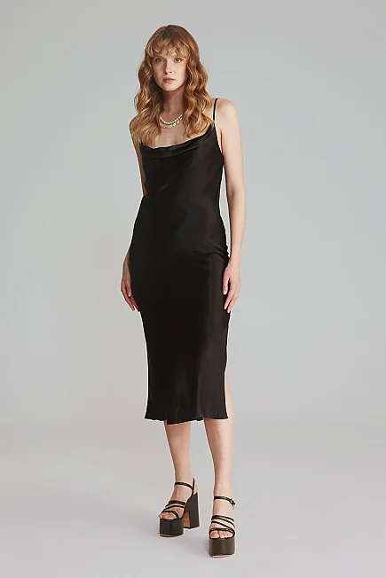 Cowl Neck Satin Evening Dress - Black - Gusto