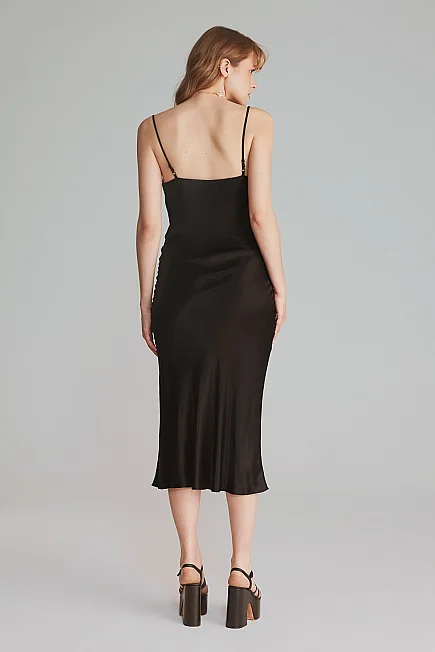 Cowl Neck Satin Evening Dress - Black - Gusto